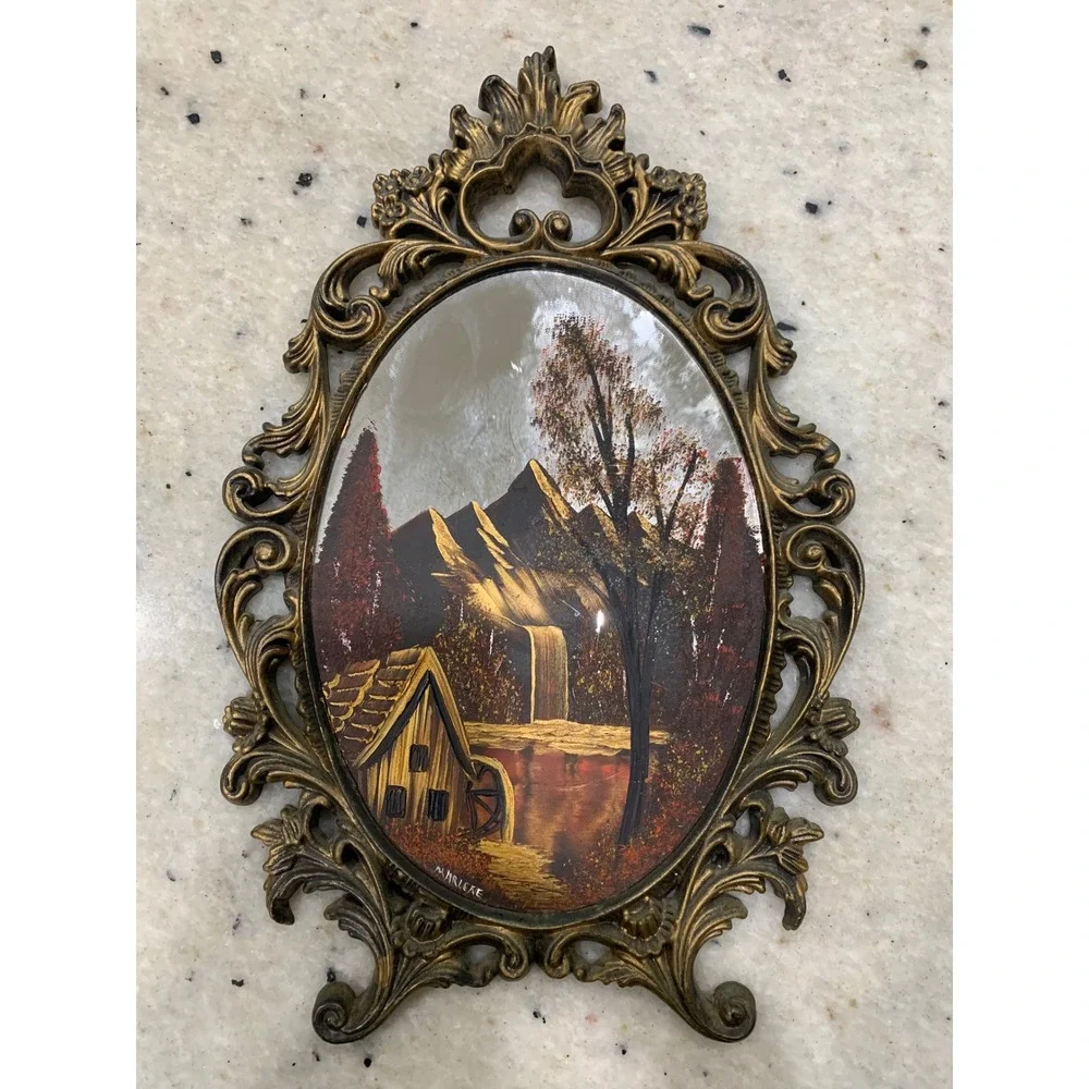 Vintage Marlene Hand Painted Mirror Art Mountain Landscape Gold Ornate Frame 15